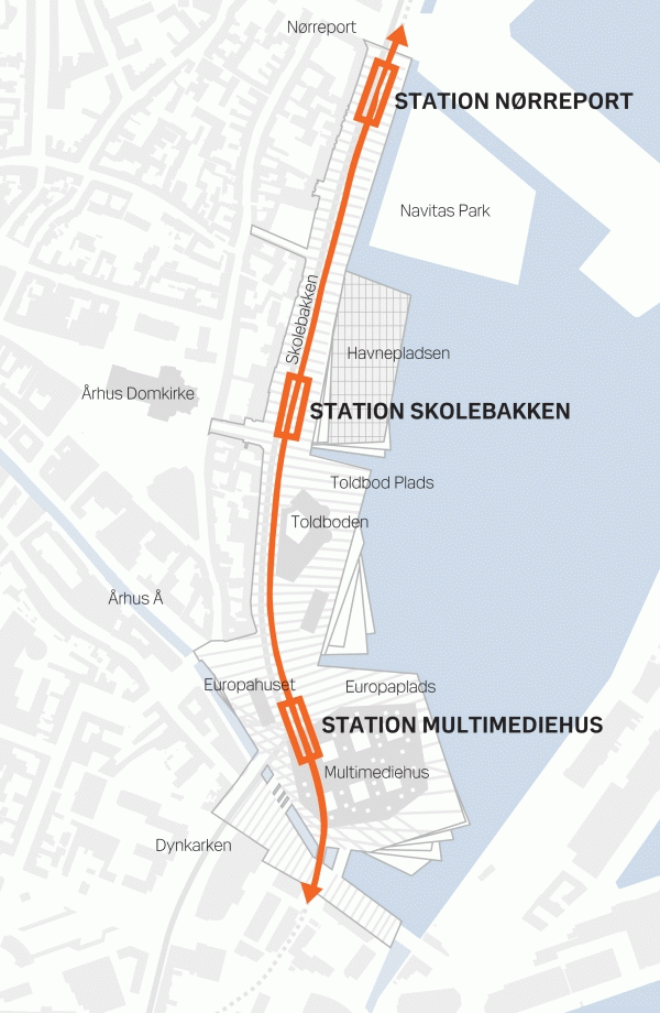 Letbanens forløb langs Aarhus havn